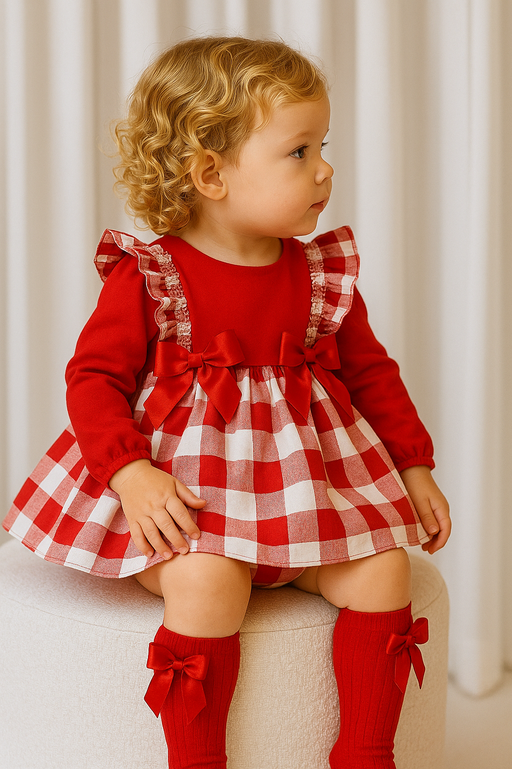 Weeme Baby Girls Red Checked Bow Dress & Bloomers