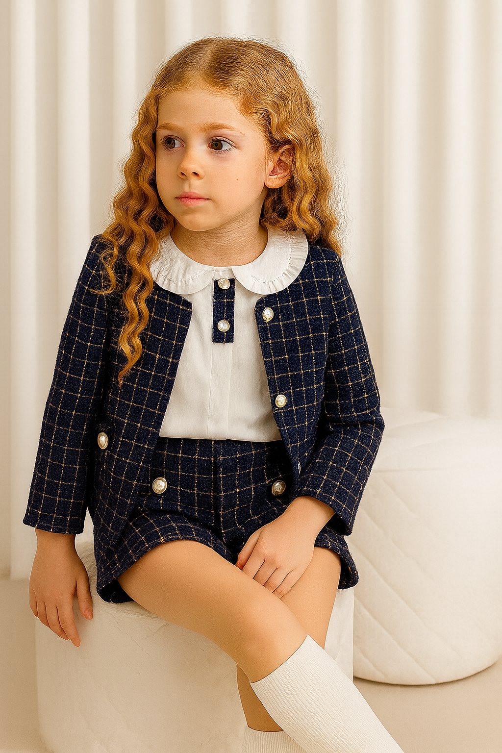 Aria Navy Plaid Glitter Fabric 3 Piece Set