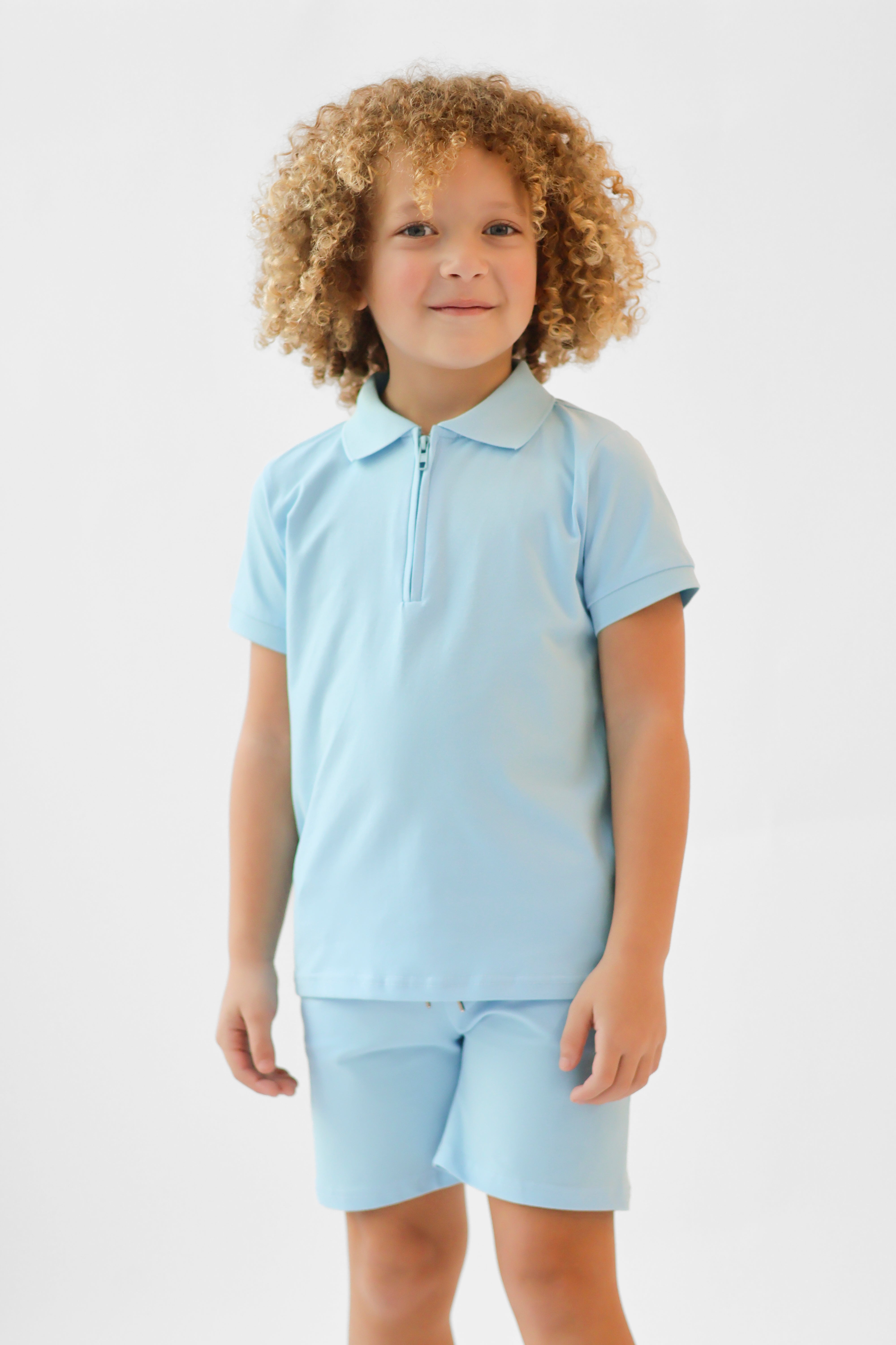 Jay Boys Plain Zip Up Polo Short Set Blue