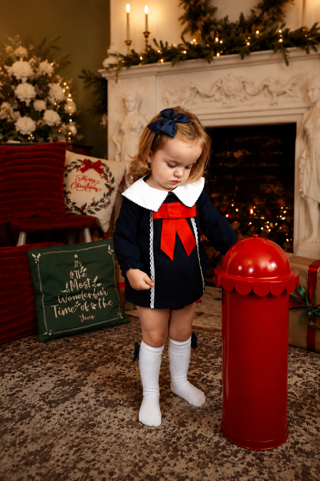 Brooke Baby Girls Bow Dress & Knickers Navy & Red