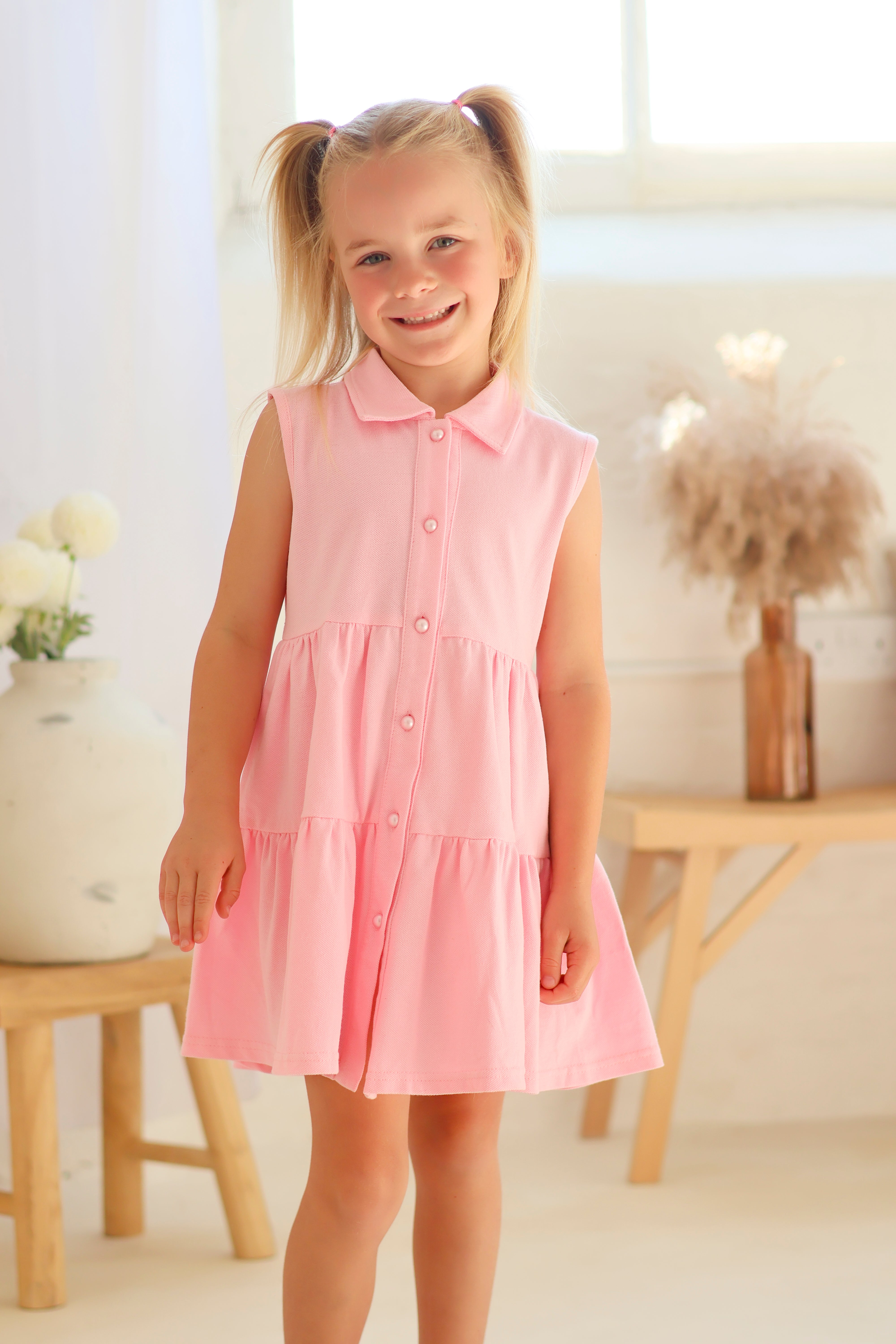 Maya Girls Pearl Button Polo Dress Pink