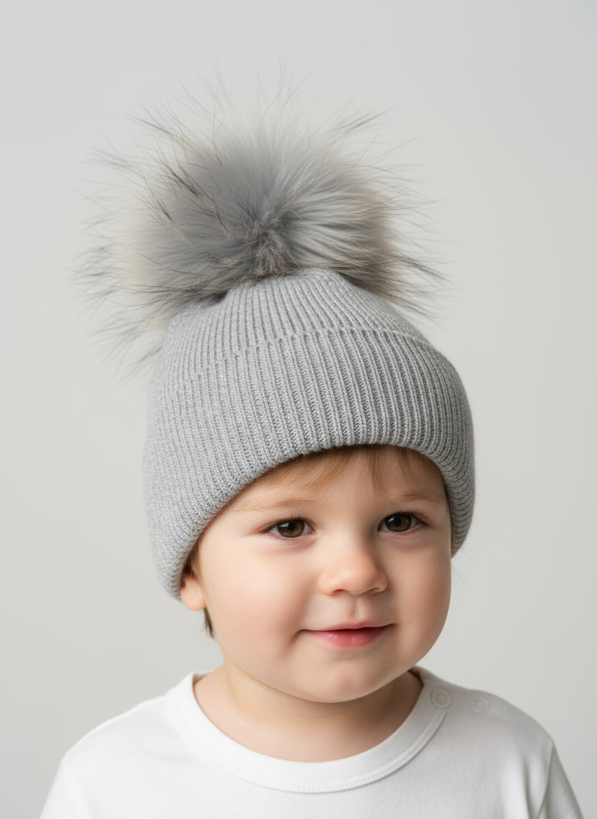 Grey Knitted Fur Pom Pom Hat