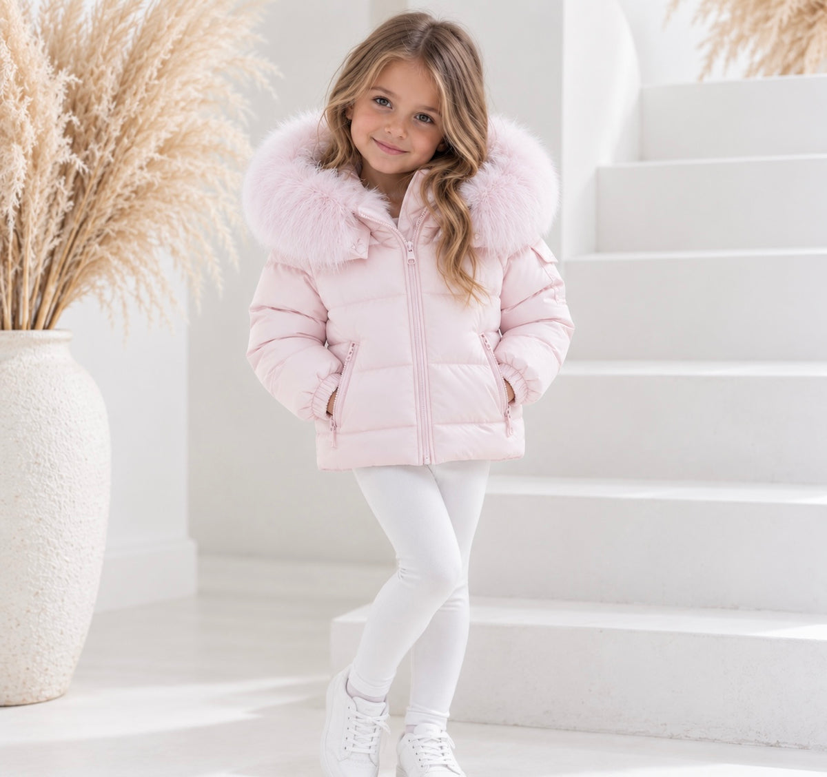 Faux Fur Hood Girls Padded Coat Pink