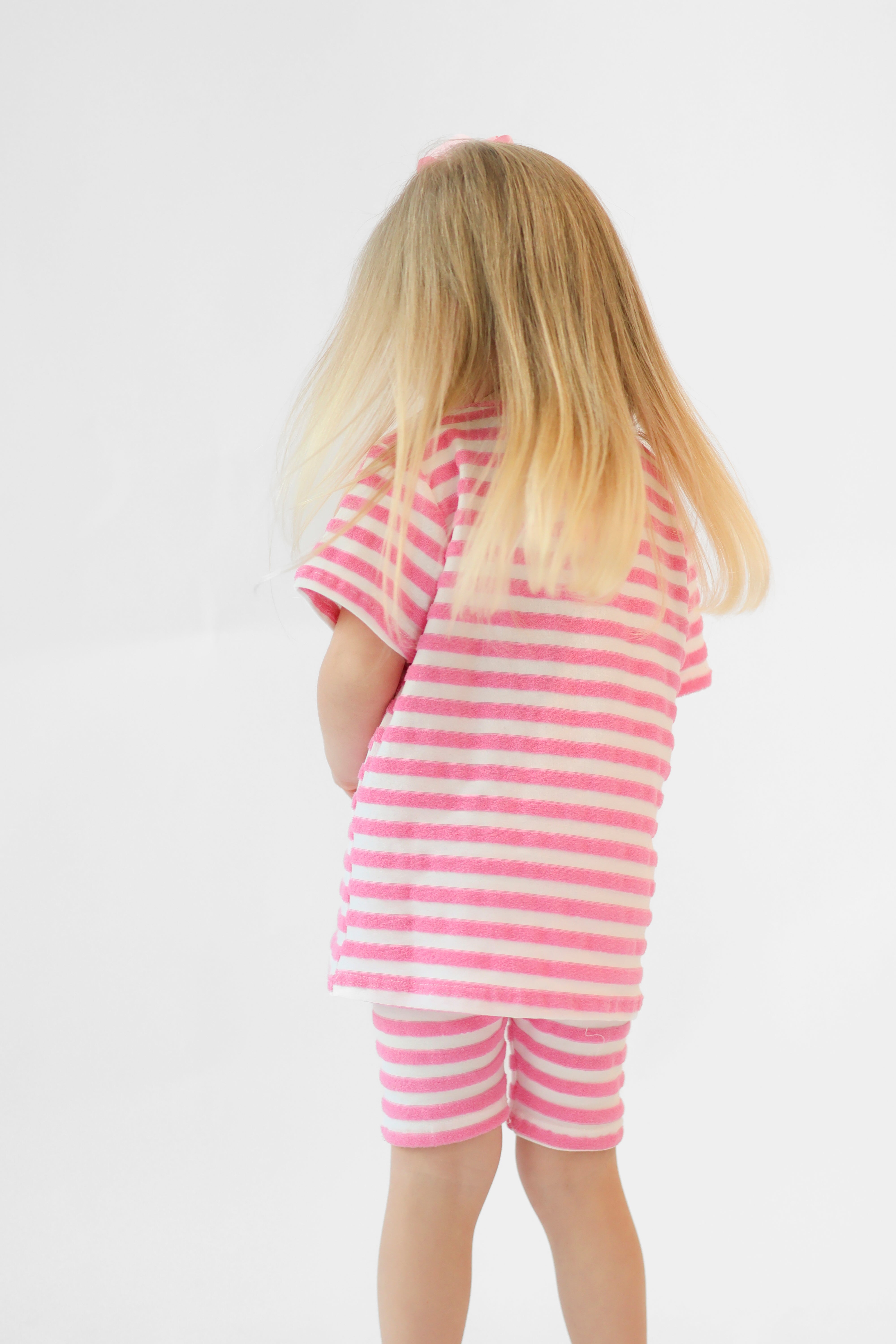 Pink Striped Girls Terry Towelling Frilly Cycling Short Set