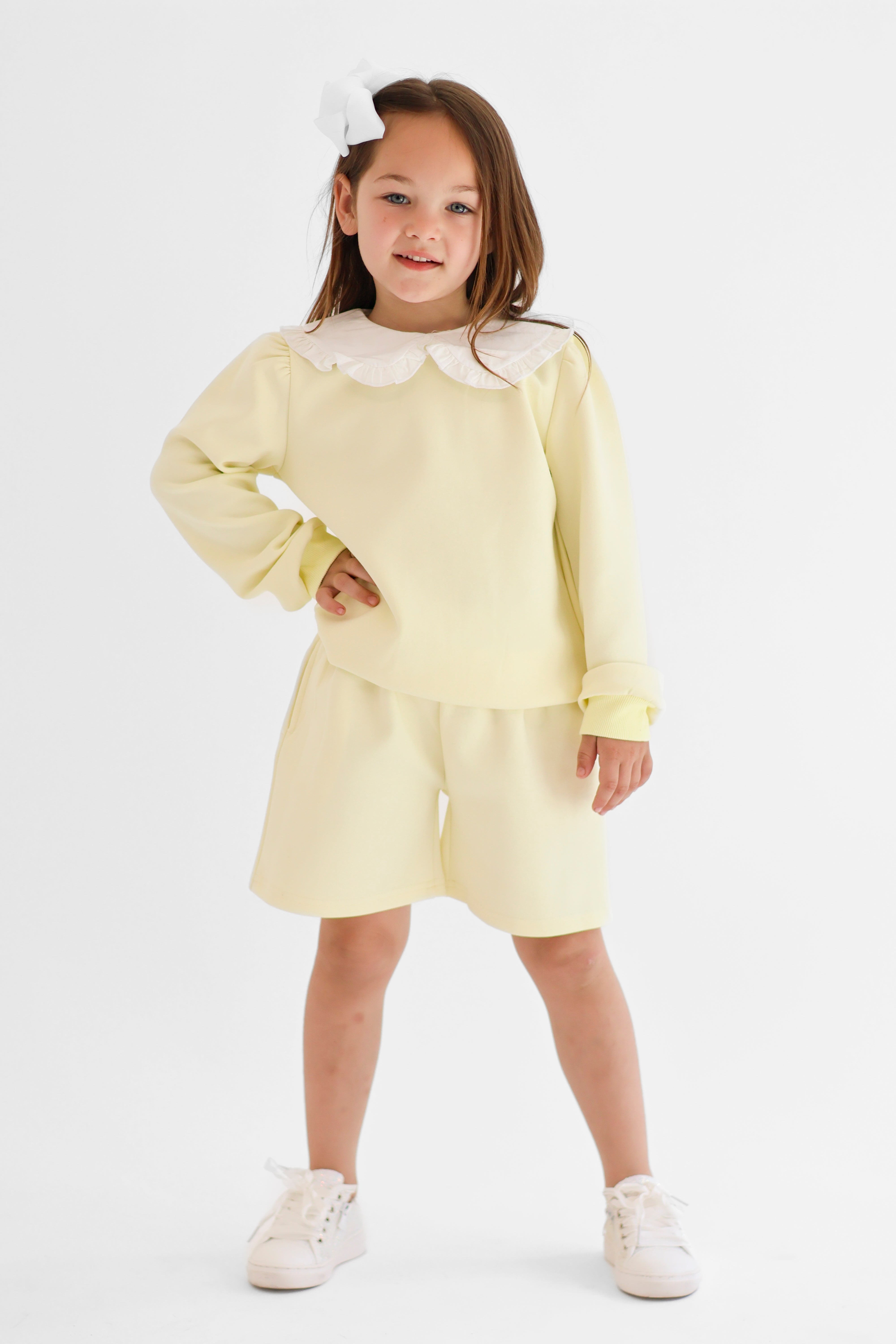 Emily Girls Frilly Collar Jumper & Shorts Set Lemon
