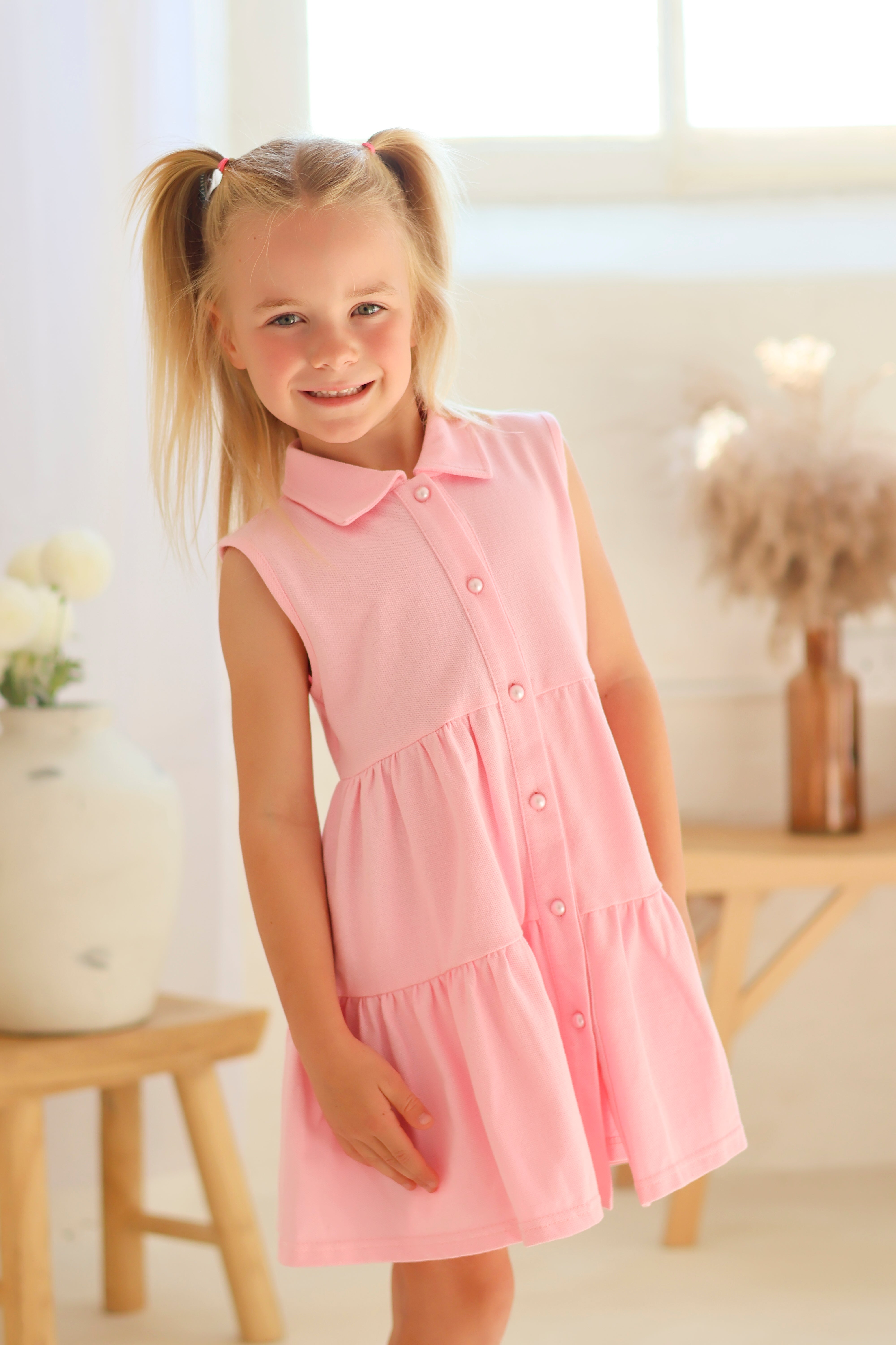 Maya Girls Pearl Button Polo Dress Pink