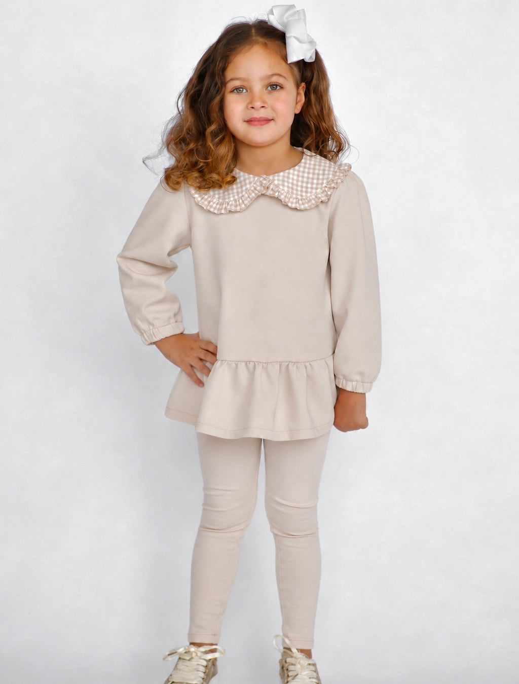 Posey Luxe Girls Checked  Jumper & Legging Tracksuit Set Beige