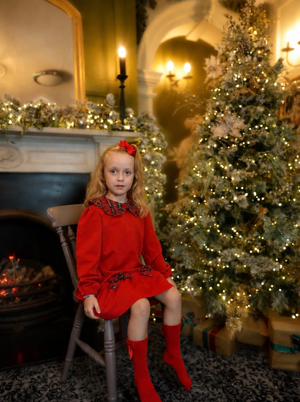 Esmae Girls Tartan Bow Frill Dress Red