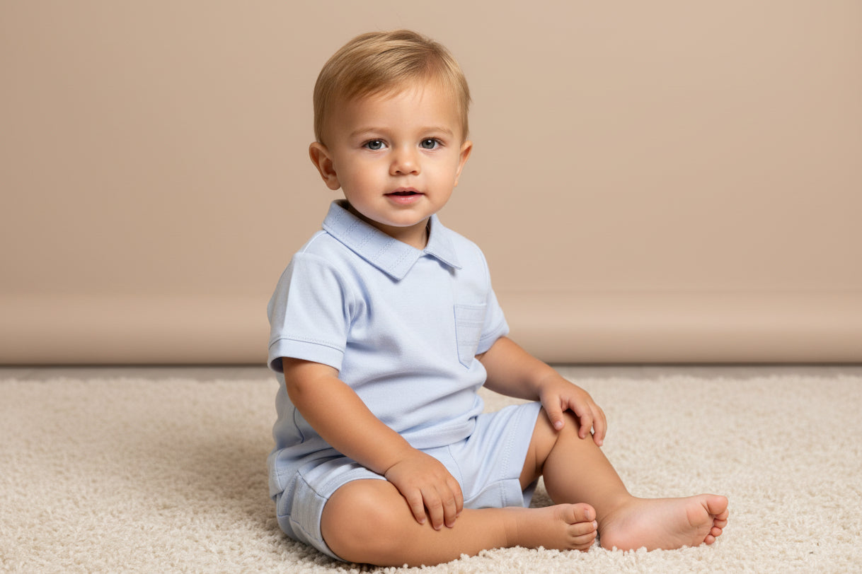 2025300 Baby Boys Peter Pan Collar Top & Shorts Baby Blue