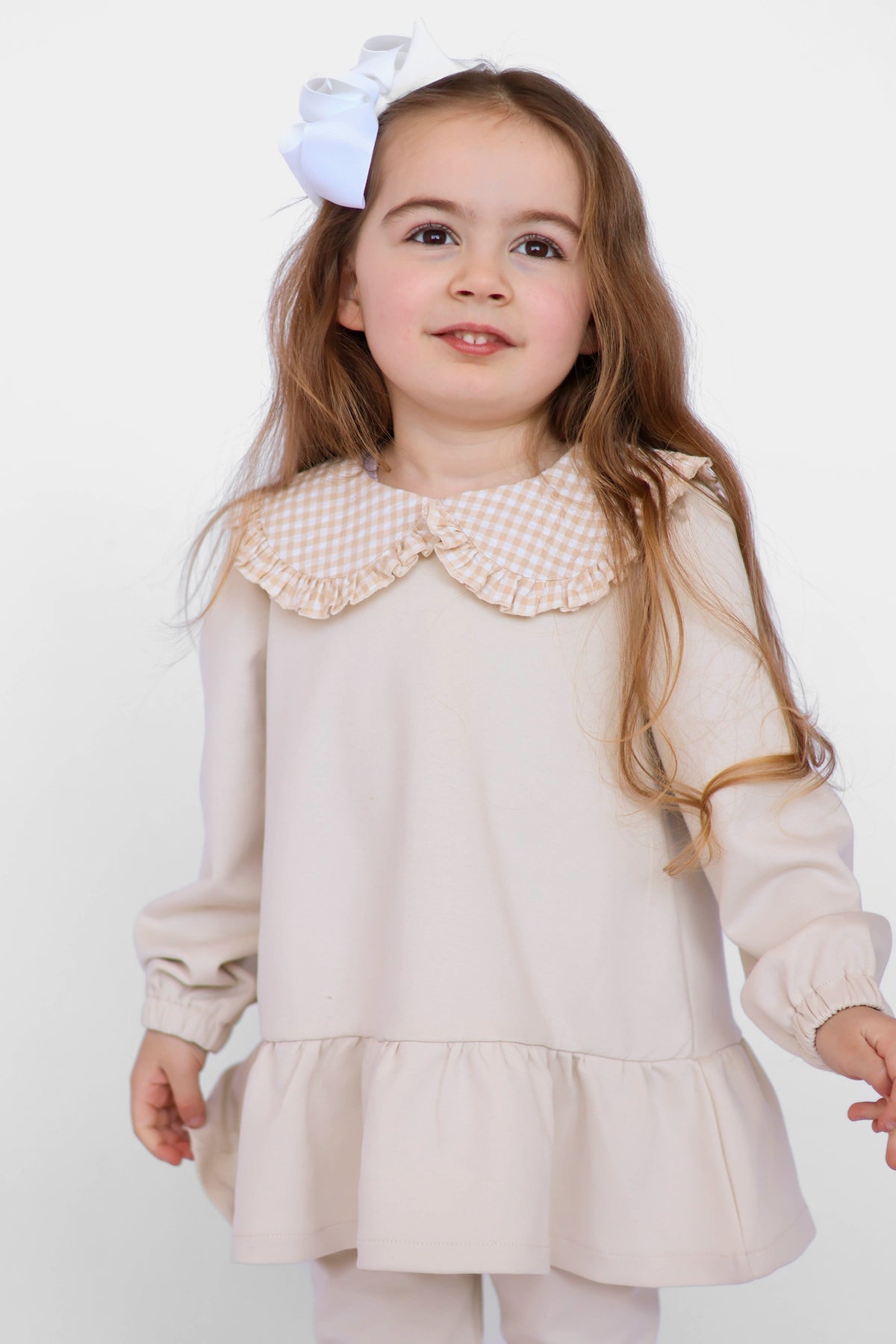 Posie Luxe Girls Check Collar Top & Legging Tracksuit Set Beige