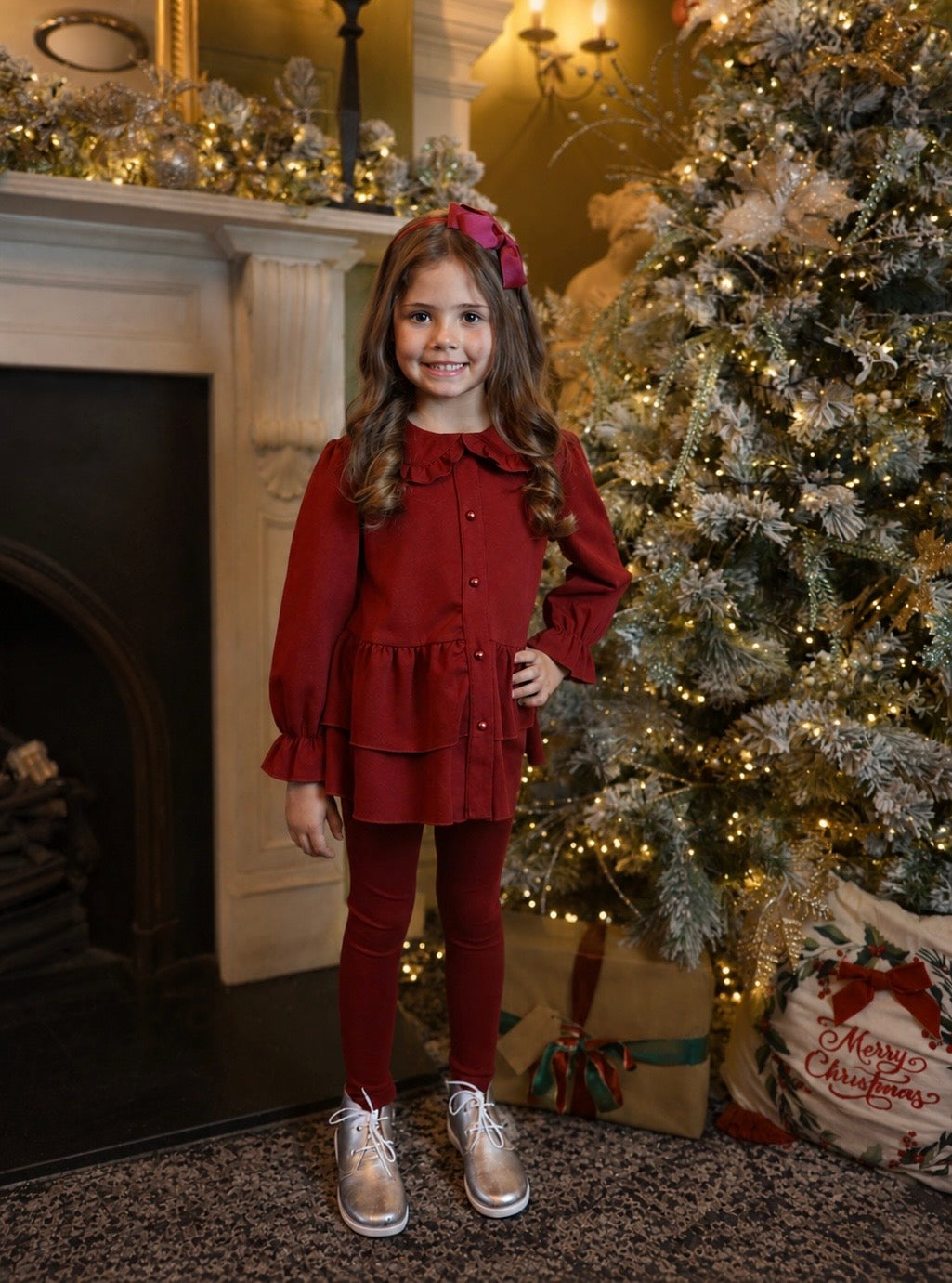 Elsie Luxe Girls Pearl Button Top & Legging Tracksuit Set Burgundy