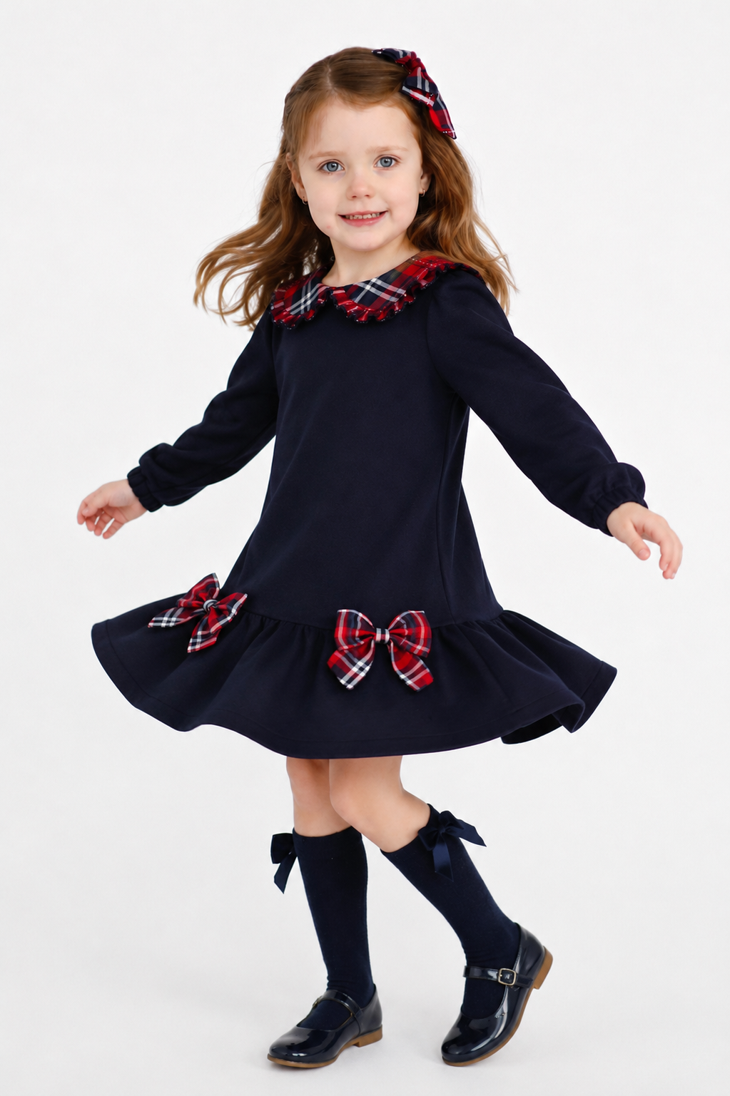 Esmae Girls Tartan Bow Frill Dress Navy