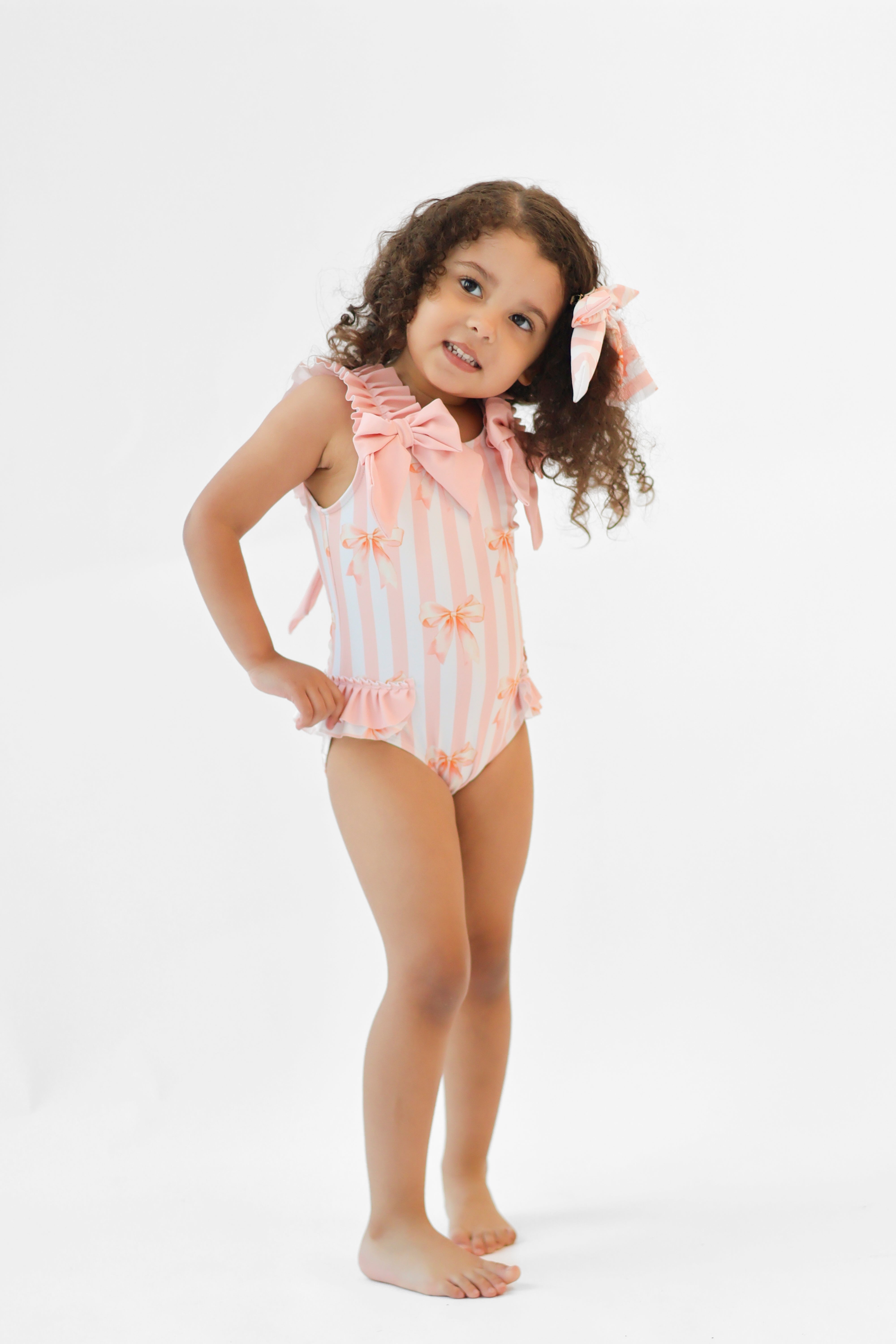 Olivia Girls Peach Striped Bow Frilly Swimming Costume