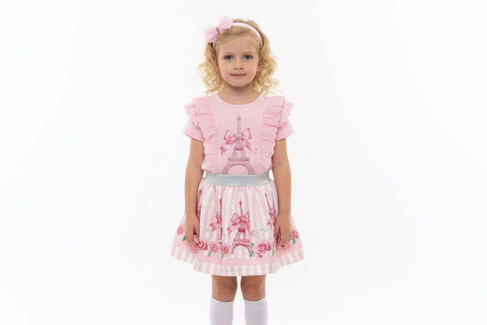 Girls Bow Tower Diamanté Top and Skirt Set Pink