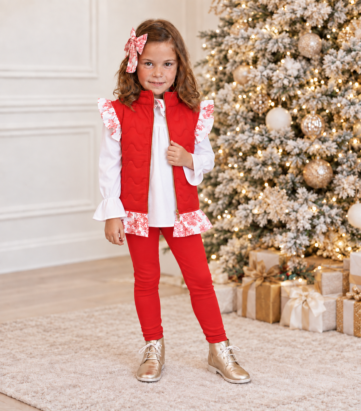 Lorena Luxe Toile Girls 4 Piece Outfit Set Red