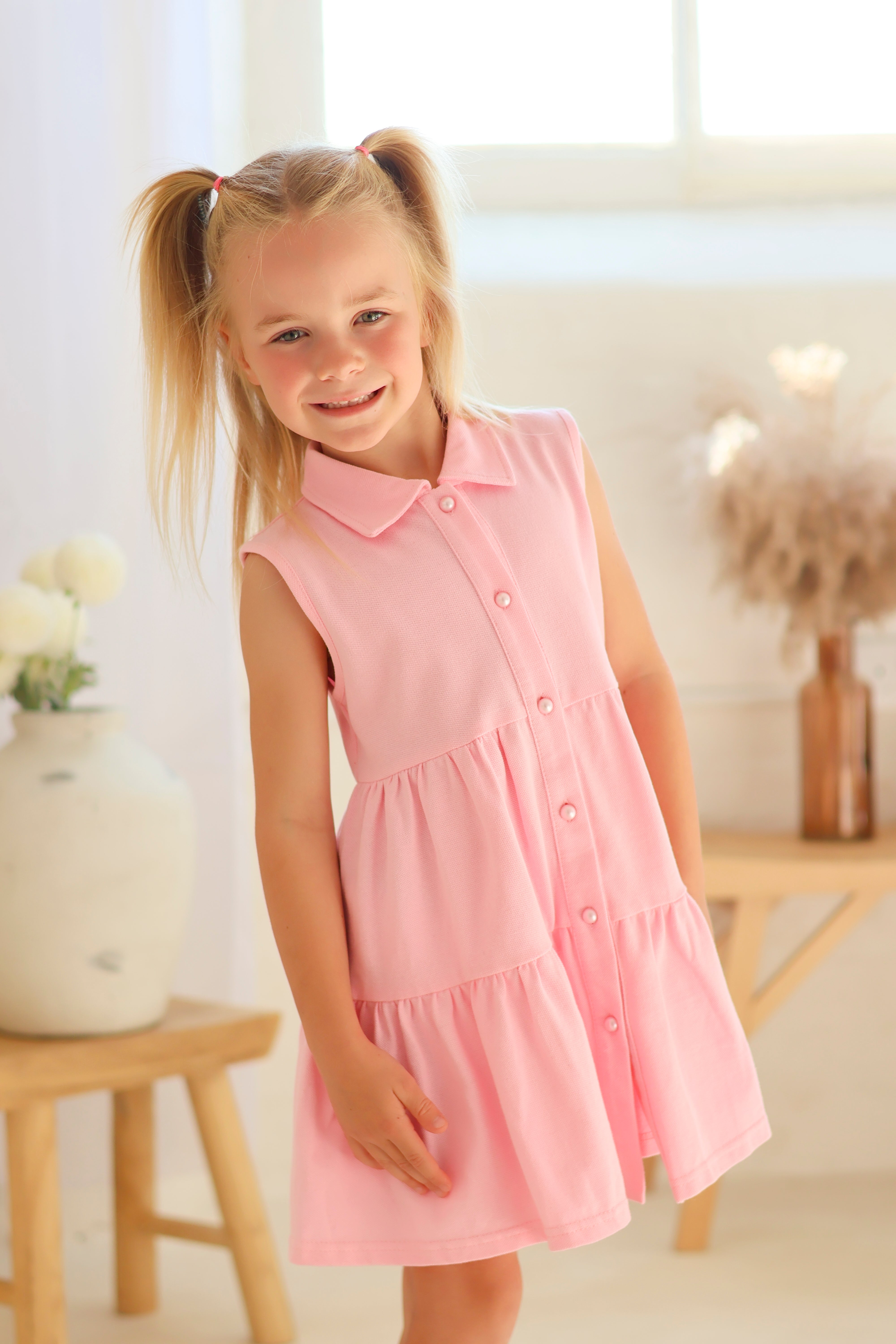 Maya Girls Pearl Button Polo Dress Pink