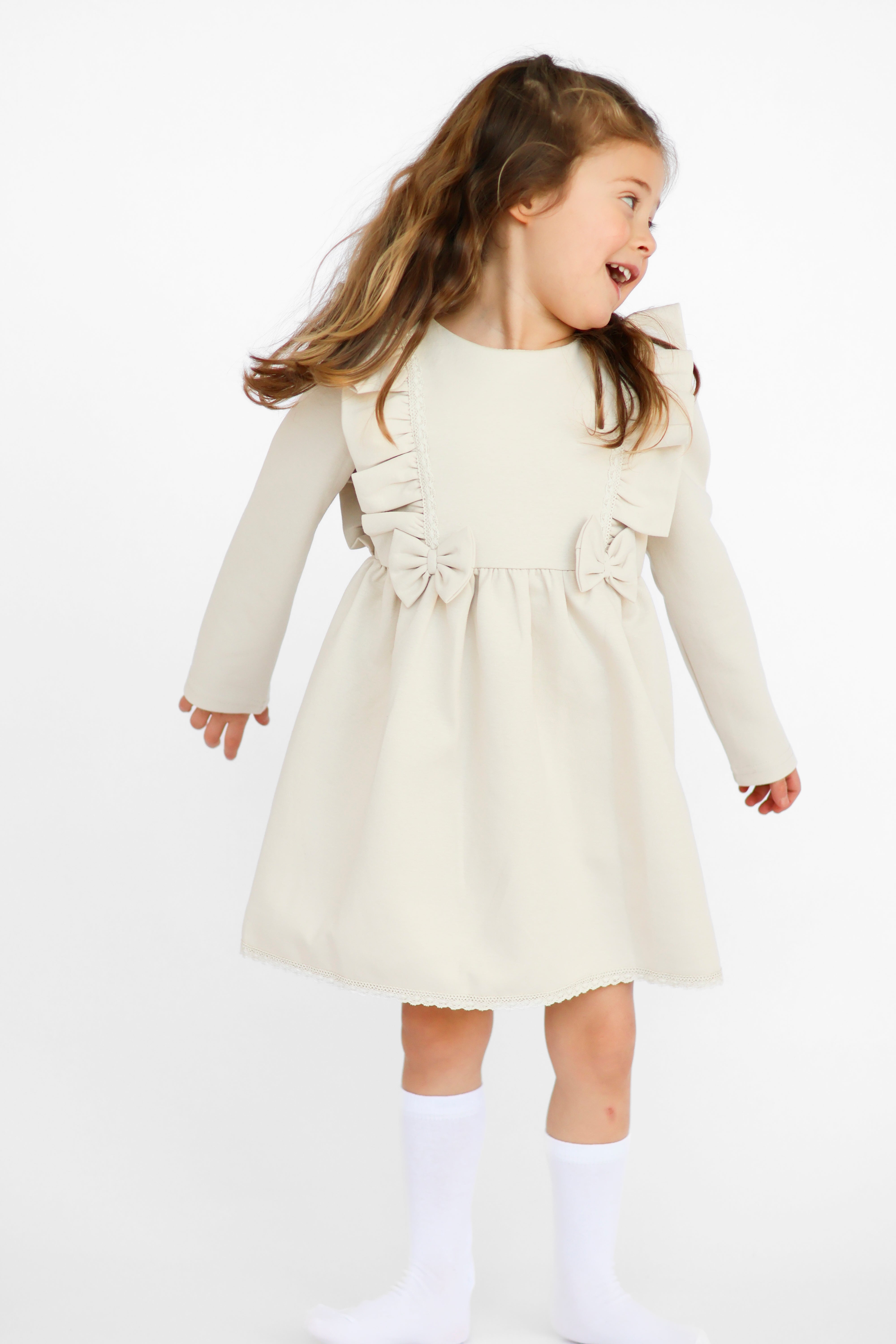 Bella Girls Bow Frill Dress Beige