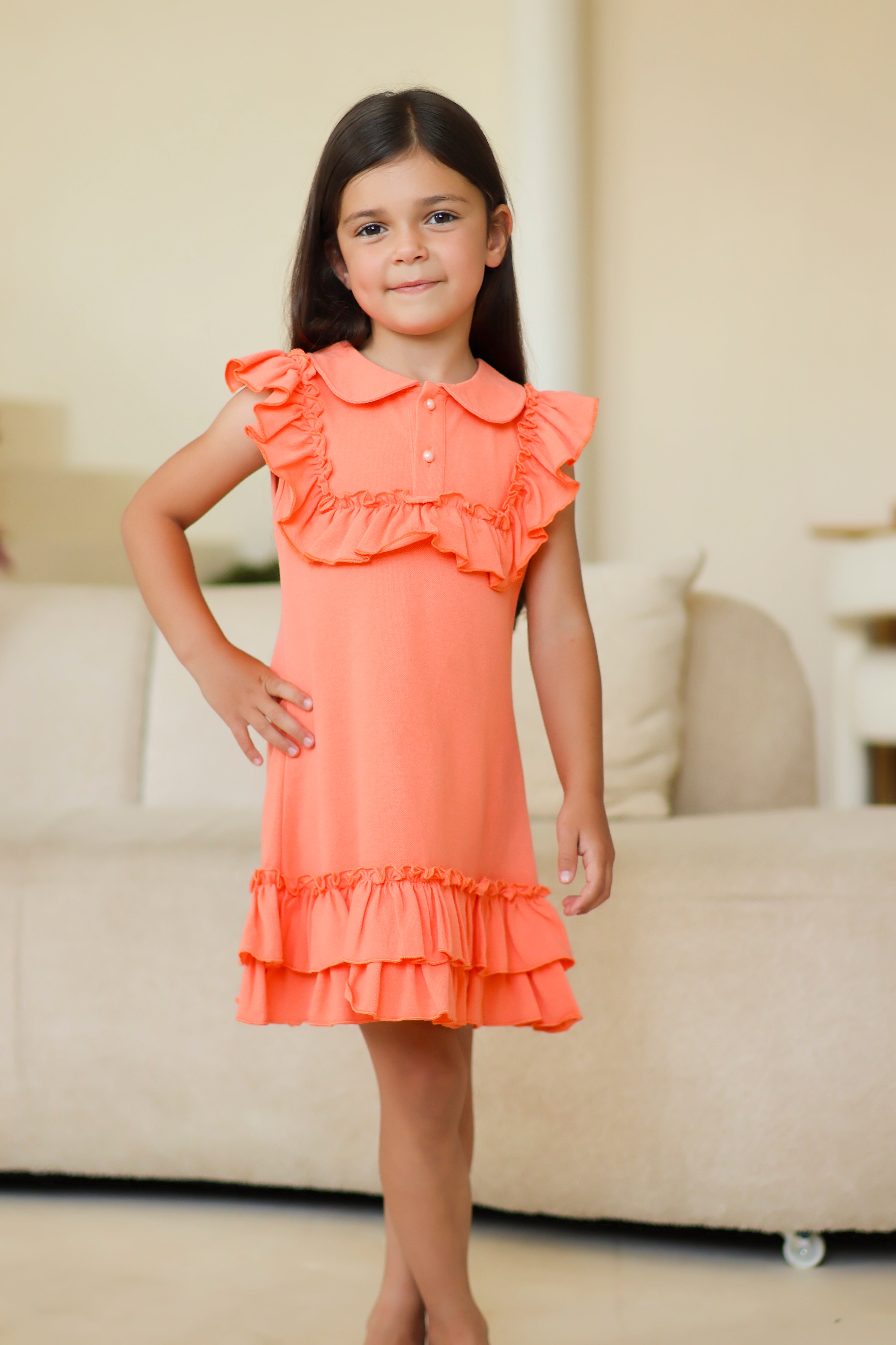 Ellie Girls Frilly Ruffle Polo Dress Coral