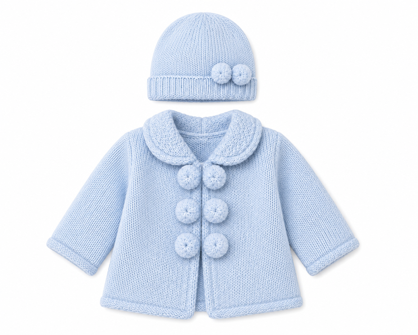 Pom Pom Thick Knitted Cardigan With Hat Blue