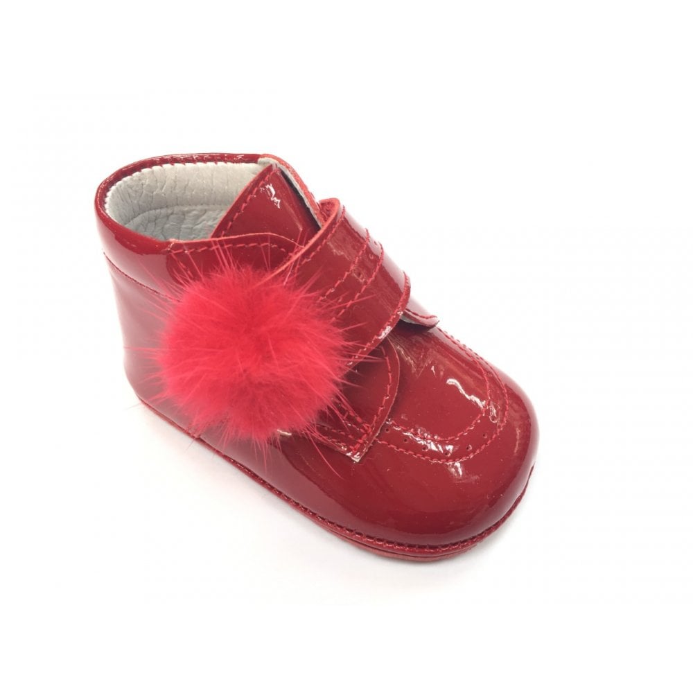 172002 Red Patent Velcro Boot with Pompom