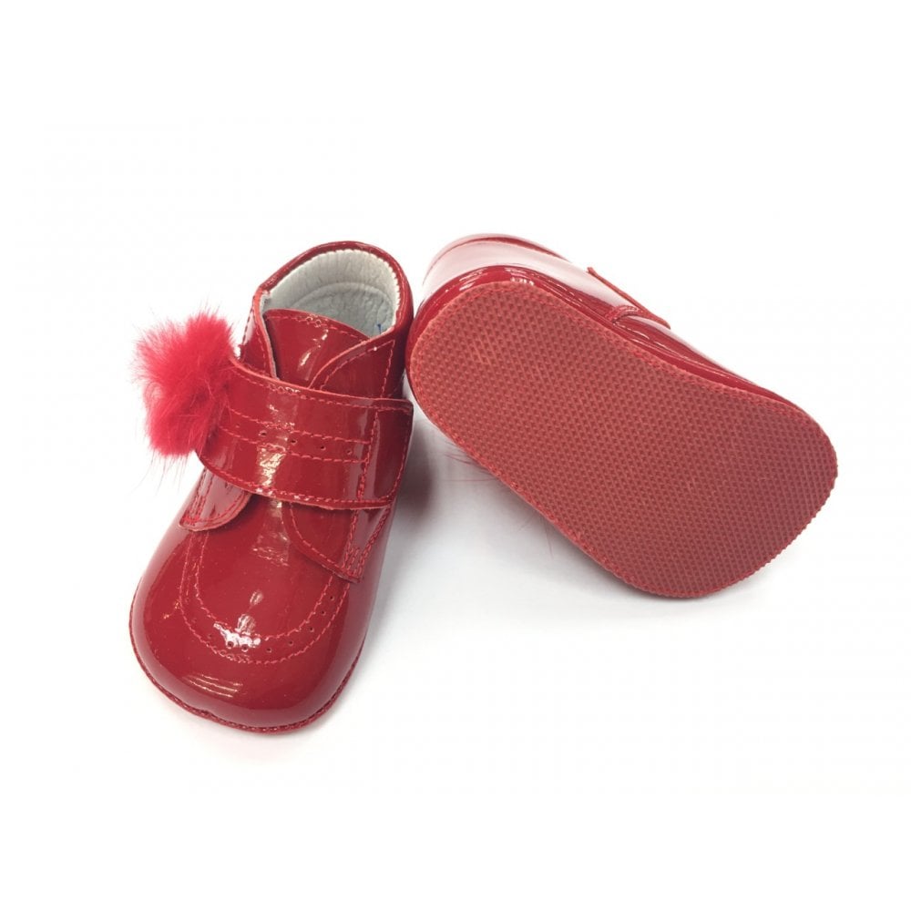 172002 Red Patent Velcro Boot with Pompom