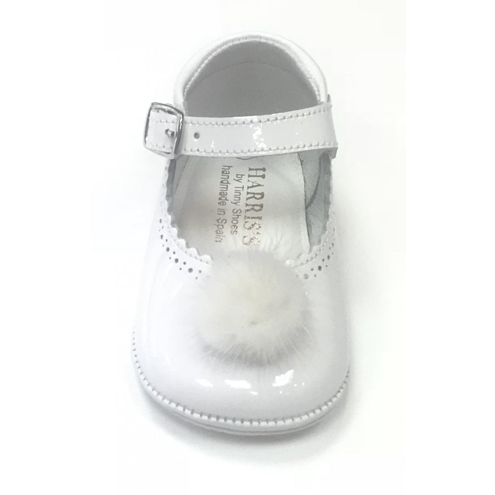 172009 White Patent Pompom Pram Shoe