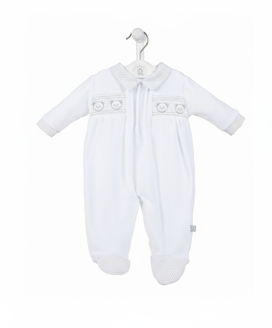 AV2506 Baby Bears White Smocked Baby Grow