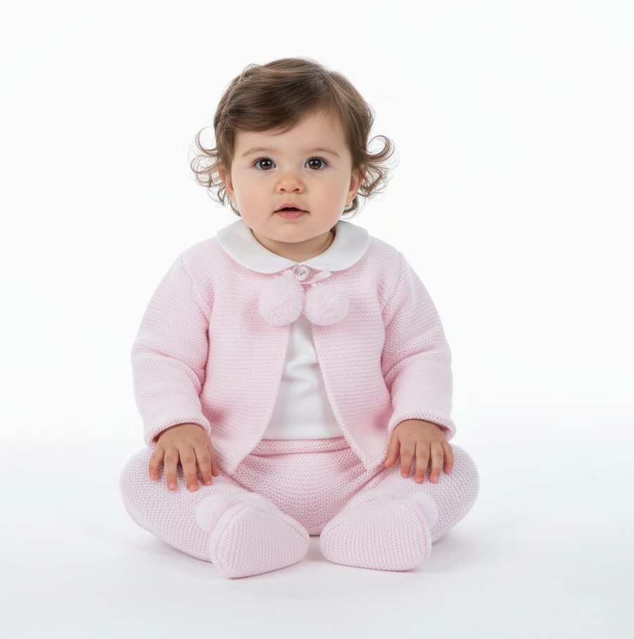 A2563 Pink knitted Pom Pom Jacket & Legging Set