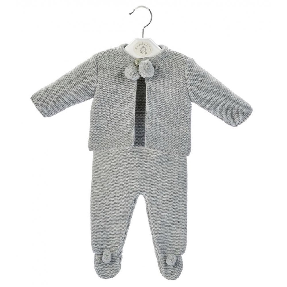 A2563 Grey Pom Pom Knitted Jacket & Legging Set