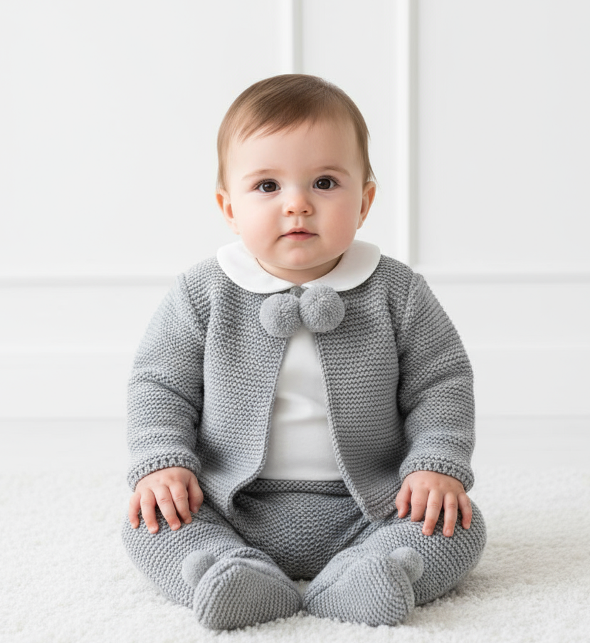 A2563 Grey Pom Pom Knitted Jacket & Legging Set