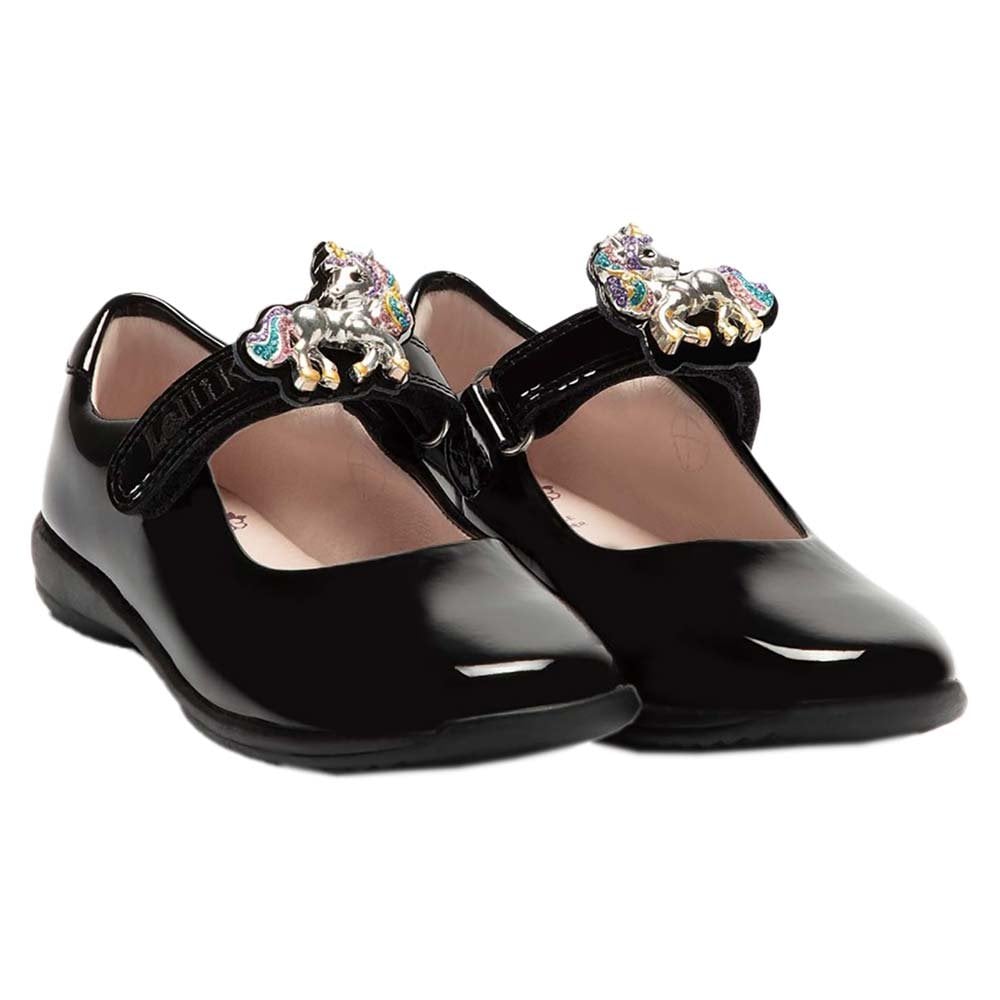 LKS08113 Bella 2 Unicorn School Shoe F Fit Black Patent