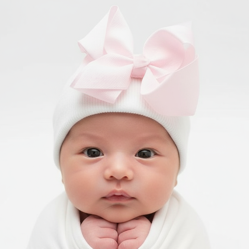 Newborn Baby Hat White With Pink Bow