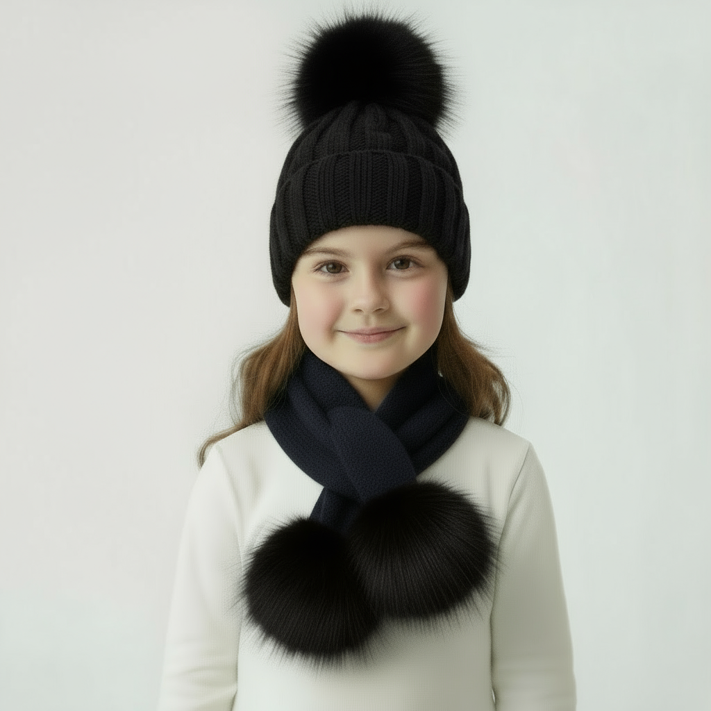 Kids Single Fur Pom Pom Hat & Scarf Set Black