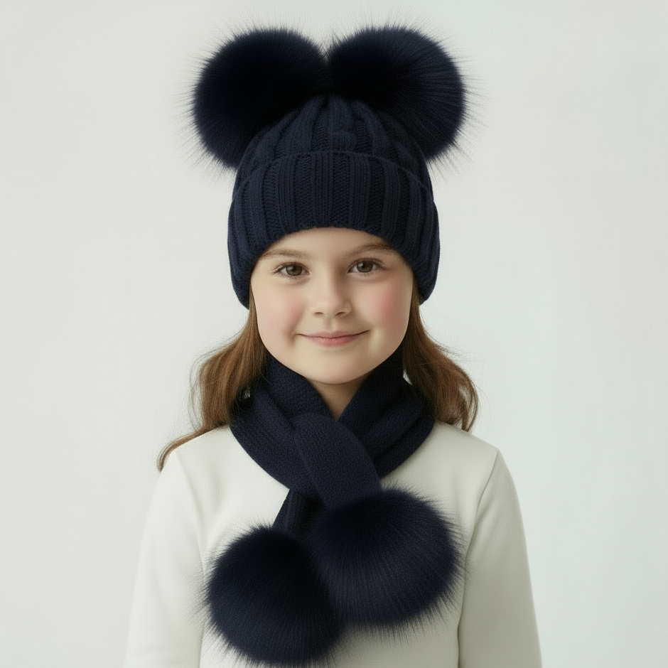 Kids Double Fur Pom Pom Hat & Scarf Set Navy
