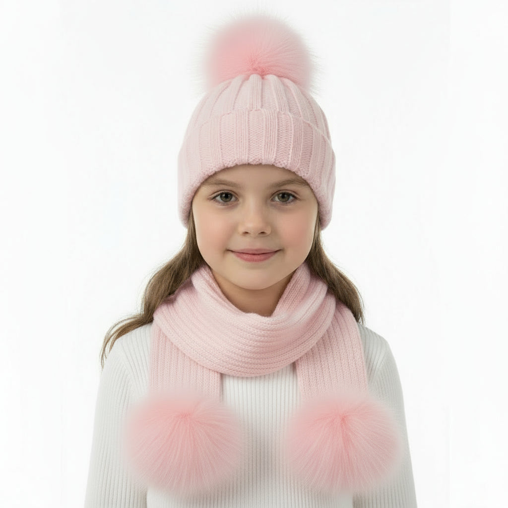 Kids Single Fur Pom Pom Hat & Scarf Set Pink