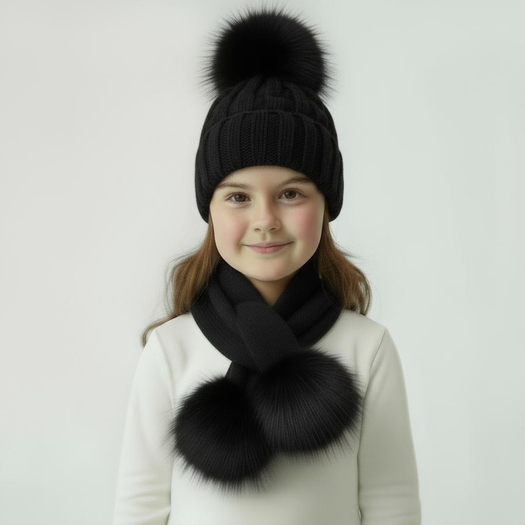 Kids Single Fur Pom Pom Hat & Scarf Set Black