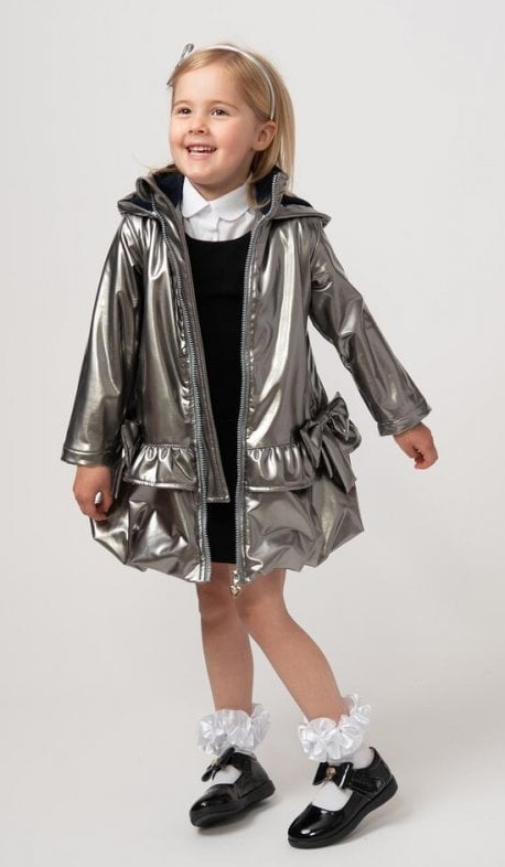 262335 Girls Shiny Bow Rain Coat Silver Grey