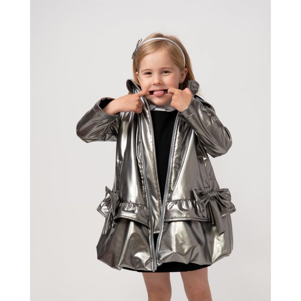 262335 Girls Shiny Bow Rain Coat Silver Grey