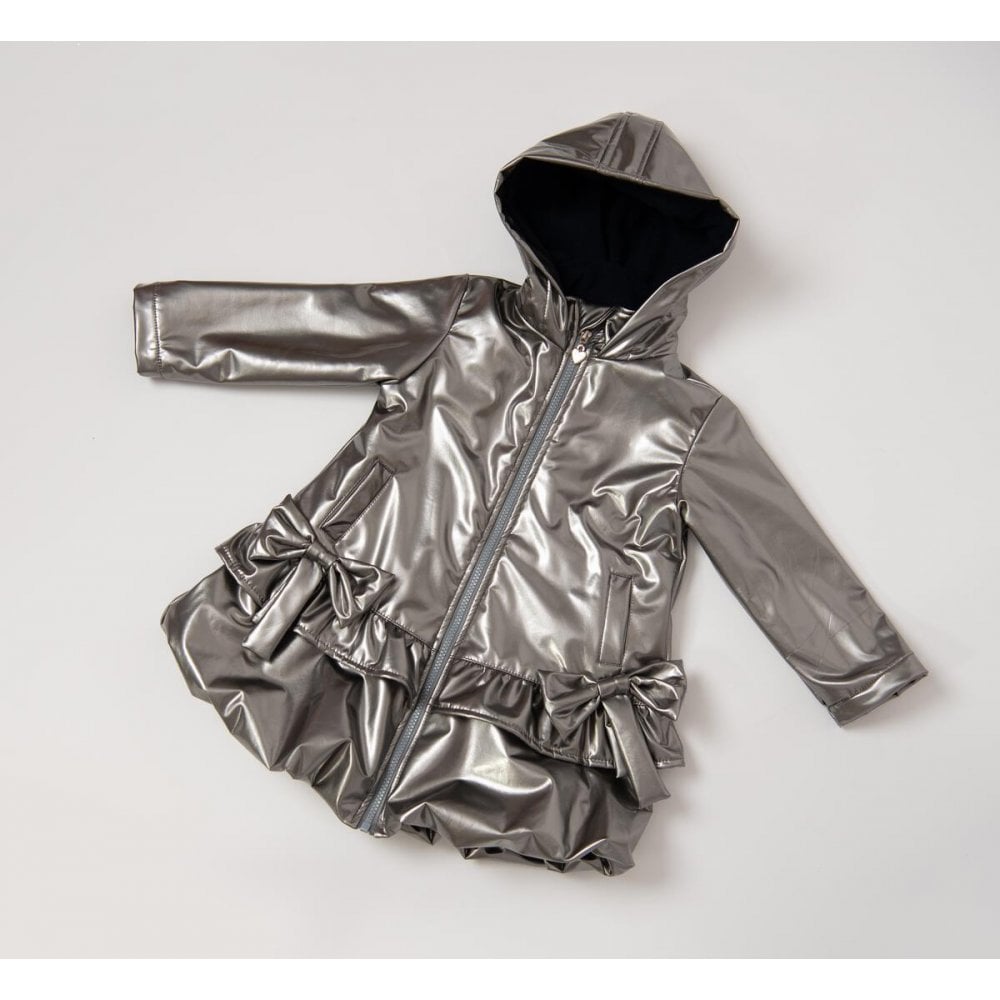 262335 Girls Shiny Bow Rain Coat Silver Grey