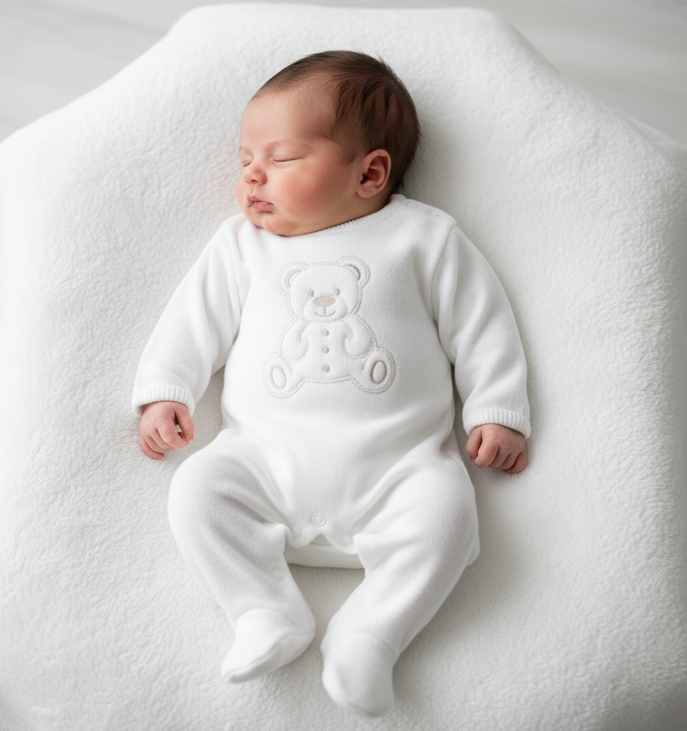A4548 Teddy Bear Baby Grow white/Taupe