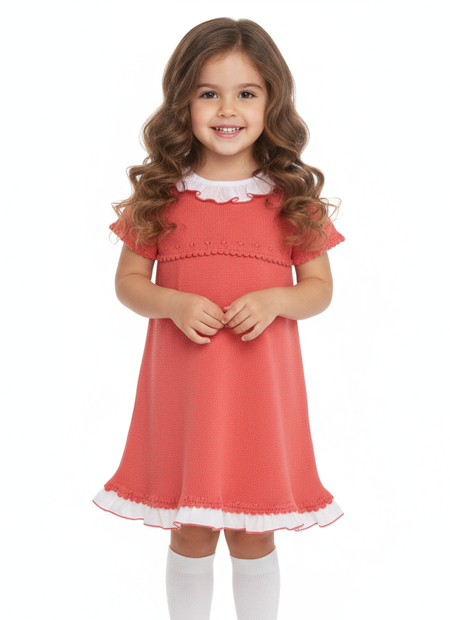 Granlei Girls Short Sleeve Frilly Knit Dress Coral