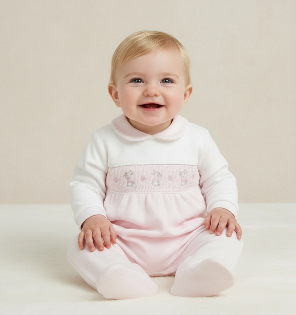 AV6128 Girls Bunny & Flower Smocked Baby Grow