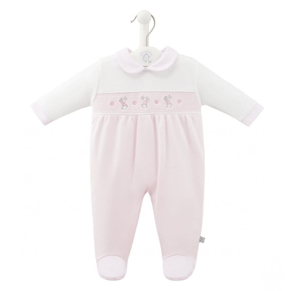 AV6128 Girls Bunny & Flower Smocked Baby Grow