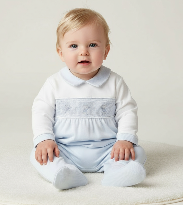 AV6127 Boys Bunny & Star Smocked Baby Grow