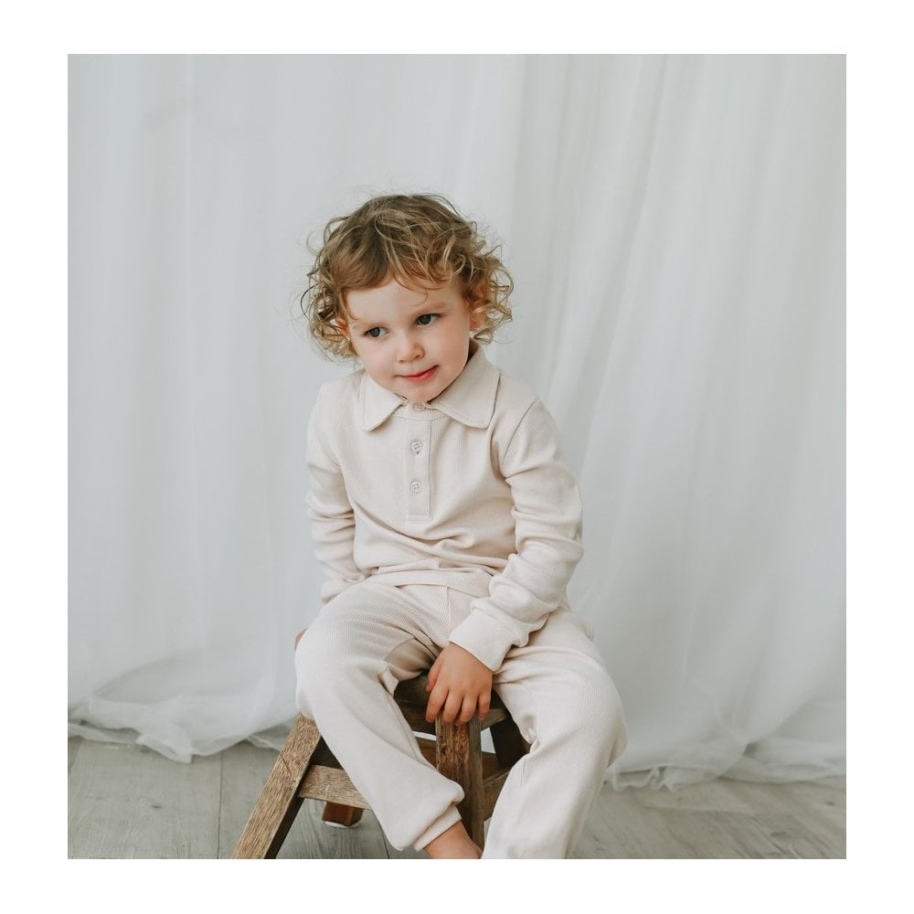 Luca Boys Plain Ribbed Beige Polo Tracksuit