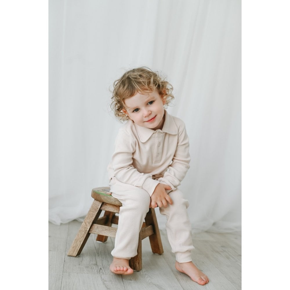 Luca Boys Plain Ribbed Beige Polo Tracksuit