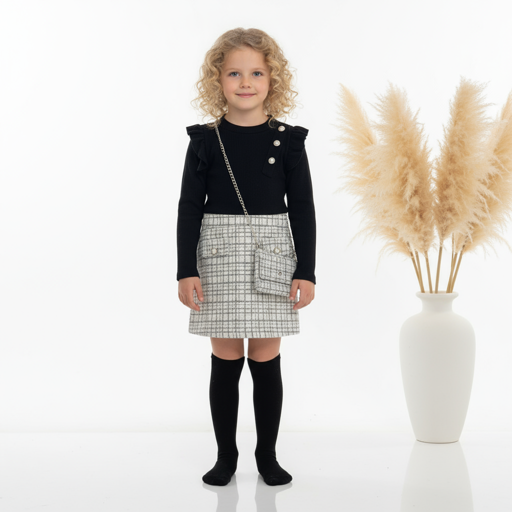 Girls Dress with Bag Black/Grey Tweed