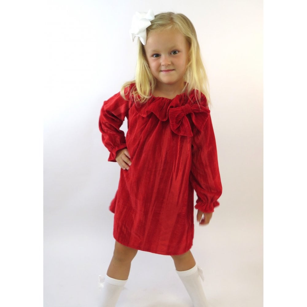 Girls Velour Red Bow Dress
