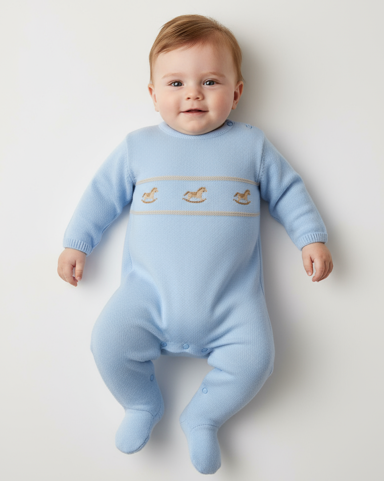 A4977B Knitted Rocking Horse Babygro Blue/Camel