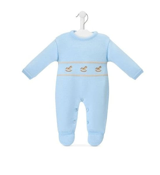 A4977B Knitted Rocking Horse Babygro Blue/Camel